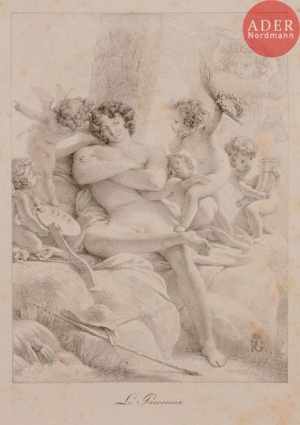 Pierre-Narcisse GUÉRIN
 Le Paresseux. 1816. Lithographie. 270 x 198. Beraldi, I.F.F. 1. Très belle épreuve sur vélin. Rousseurs claires éparses. Toutes marges.

Pierre-Narcisse Guérin fut nommé avec quatre autres personnalités du monde des arts membre de la commission missionnée par l’Académie Royale des Beaux-Arts pour examiner le Recueil d’essais lithographiques produit par Engelmann en 1816. Pour lancer la technique alors toute nouvelle, il fallait en effet que ce dernier obtînt le soutien des académiciens. La commission soumit son rapport à la séance du 5 octobre 1816. Elle reconnaissait à la lithographie « a-peu-près toutes les qualités qui sont les attributs de la gravure, et de plus, toutes celles qui n’appartiennent qu’au dessin autographe ». Elle déclara donc « faire des vœux pour la prospérité de l’établissement que M. Engelmann [venait] de former dans la capitale », ajoutant : « il est même à désirer que cet établissement attire l’attention du gouvernement et en soit protégé. » (Cité par Léon Lang, Godefroy Engelmann imprimeur-lithographe, Les Incunables 1814-1817, Colmar, Éd. Alsatia, 1977, p. 58). Guérin qui était peintre s’essaya lui-même à la technique et produisit deux pendants lithographiés : Le Paresseux et Le Vigilant, ainsi que deux autres planches : Qui trop embrasse mal étreint et Le Repos du Monde. 