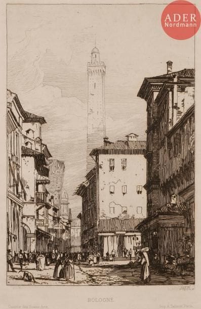 Richard Parkes BONINGTON
 Bologna. 1826-1827. Eau-forte. 198 x 132. Curtis 62. Très belle épreuve sur vergé, du tirage effectué pour la Gazette des Beaux-Arts. Toutes marges.