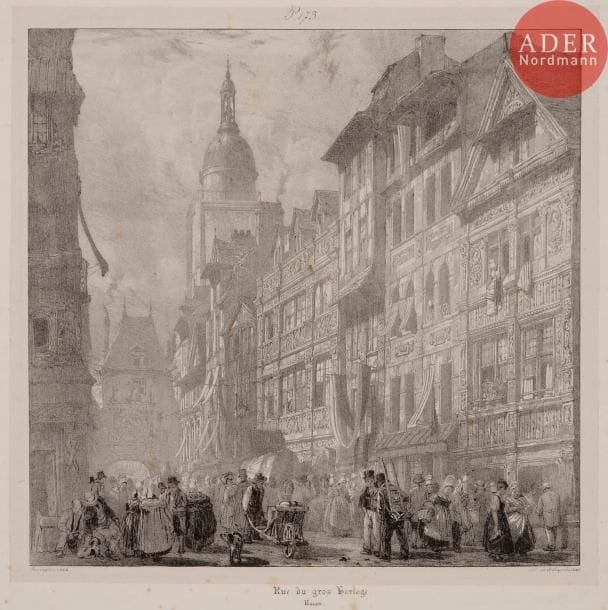 Richard Parkes BONINGTON
Rue du Gros Horloge, Rouen. 1824. Lithographie. 245 x 250. Curtis 16. Très belle épreuve sur chine appliqué. Fortes rousseurs essentiellement sur le support. Toutes marges. Joint : Tour du Gros Horloge, Évreux. 1824. Lithographie. 336 x 210. Curtis 19. Très belle épreuve sur chine appliqué. Rousseurs claires. Déchirure de 40 mm au bord droit du feuillet. Toutes marges. Ens. 2 p.