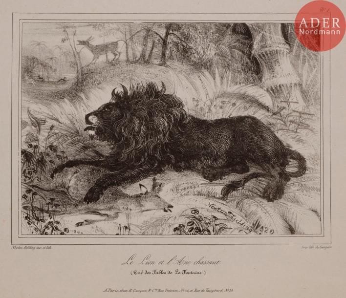 Newton FIELDING
 Le Lion et l’âne chassant ; La Lionne et l’Ours ; Paon ; Canards de Barbarie ; Canards sauvages ; Cignes [sic] ; Chasse au cerf ; Cochons ; Ours. 1829-1832. Lithographie. Formats divers. Belles ou bonnes épreuves sur chine appliqué ou sur vélin. Rousseurs éparses et quelques auréoles d’humidité aux bords du feuillet à certaines pl. Petites ou bonnes marges. Timbres de la collection A. Rouart (Lugt 4898 et 2187a). Ens. 9 p.
