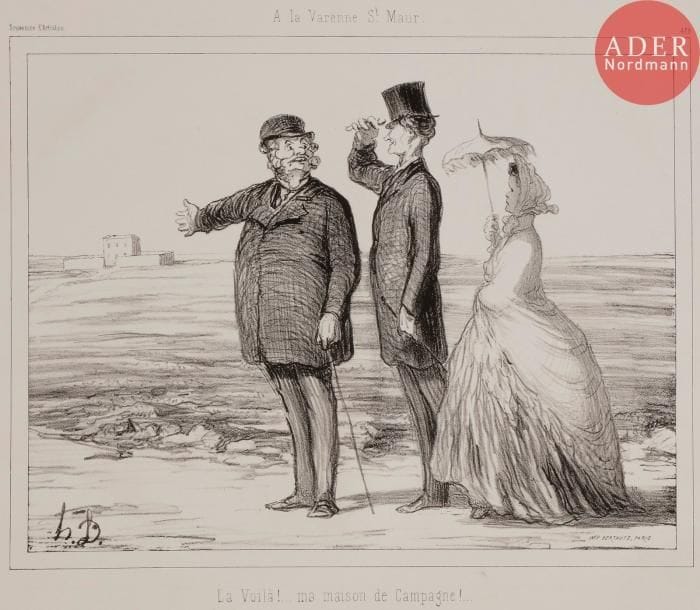 Honoré DAUMIER
 A la Varenne St Maur. – La Voilà !... ma maison de Campagne !... 1862. Lithographie. 255 x 290. Delteil 3247. Très belle et fraîche épreuve sur vélin blanc fort, du tirage effectué par Bertauts pour Souvenirs d’Artistes (pl. 418). Court pli cassé le long du bord inférieur droit. Ancienne étiquette portant la mention « Made in France » dans l’angle inférieur droit au verso. Toutes marges.
