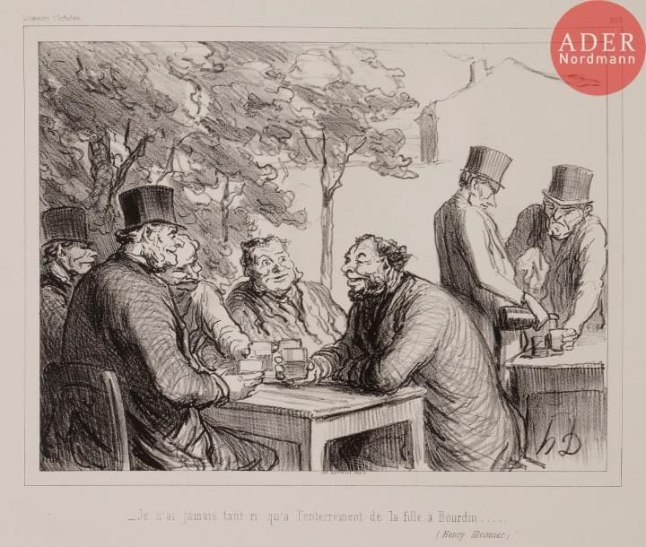 Honoré DAUMIER
 – Je n’ai jamais tant ri qu’à l’enterrement de la fille à Bourdin… 1862. Lithographie. 240 x 277. Delteil 3250. Très belle et fraîche épreuve sur chine appliqué, du tirage effectué par Bertauts pour Souvenirs d’Artistes (pl. 303). Ancienne étiquette portant la mention « Made in France » dans l’angle inférieur droit au verso. Toutes marges.