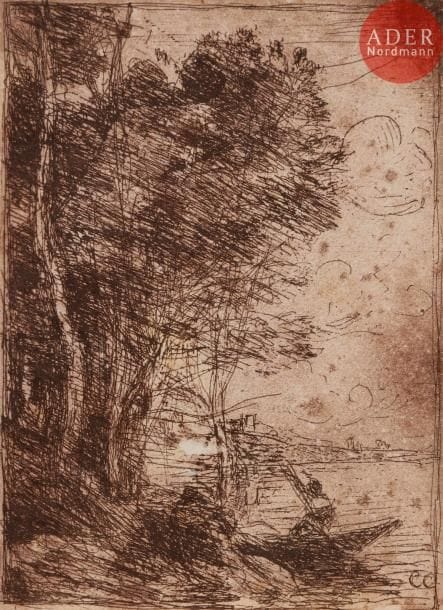 Jean-Baptiste-Camille COROT 
 Souvenir de Fampoux. 1854. Cliché-verre. 90 x 65. Delteil 40. Belle épreuve d’ancien tirage en brun. Petit arrachement dans le sujet. Petites rousseurs claires éparses. (Ce sujet ne figure pas dans les retirages de Bouasse-Lebel et de Le Garrec.)