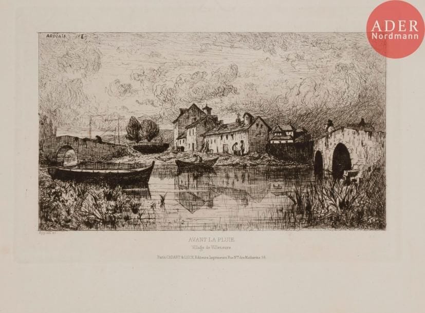 Adolphe APPIAN
 Avant la pluie (village de Villeneuve). 1869. Eau-forte. 155 x 238. Curtis et Prouté 28. Très belle épreuve sur vergé, du tirage pour L’Illustration Nouvelle. Petites rousseurs aux bords du feuillet. Toutes marges.