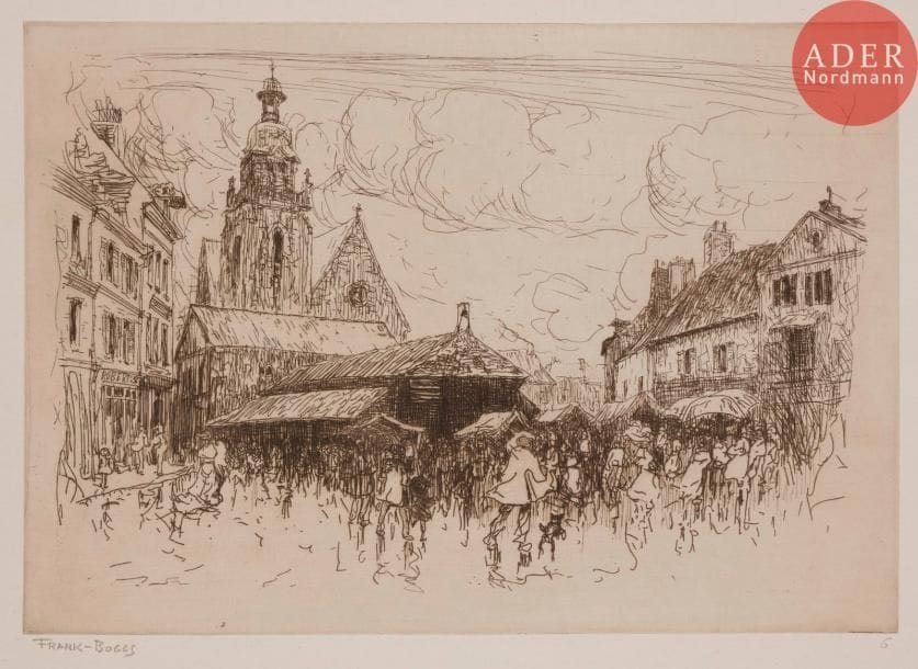 Frank BOGGS
 Limours. Vers 1905. Eau-forte. 270 x 390. I.F.F. 30. Très belle épreuve sur chine volant, signée, numérotée puis titrée au crayon en pied. Petits trous et amincissures inhérents à la texture du papier. Toutes marges.