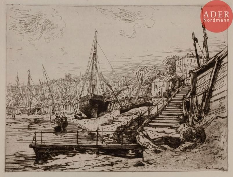 Maxime LALANNE
 Vue prise du port de Dives ; Vue de Sisteron ; Port de la Plataine à Royan ; Un vieux quartier de Vitré ; Port de Trouville ; Les Roches noires près Trouville ; La cathédrale de Rouen ; Une rue de Rouen ; Le Port de Rouen. Eau-forte. Formats divers. Beraldi 69, 90, 94, 112, 117, 118, 120, 121, 122. Très belles épreuves sur différents papiers, certaines en deux états, avec et avant la lettre. Rousseurs claires, courtes traces de plis à certaines pl. Toutes marges. Timbre de la collection E. D. Forgues (Lugt 743a) à 4 pl. Ens. 11 p.