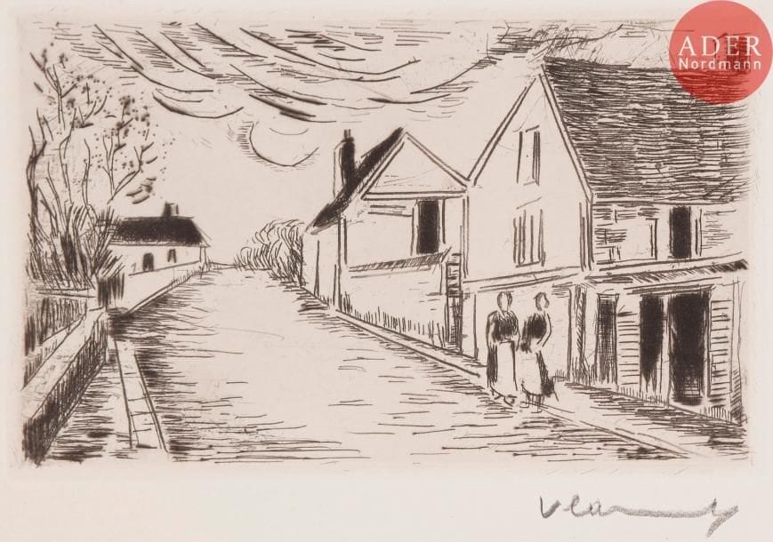 Maurice de VLAMINCK
 Saint-Ouen, Asnières, La Garenne Bezons, Chatou. Pl. pour L. Werth, Visage des maisons. 1927. Eau-forte et pointe sèche. 103 x 167. Walterskirchen 136 à 139. Parfaites épreuves sur vélin, signées au crayon. Toutes marges. Ens. 4 p.