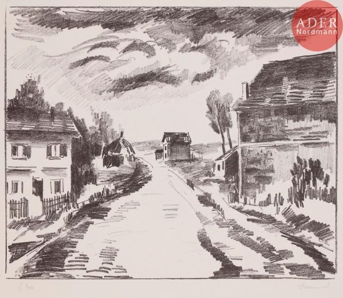 Maurice de VLAMINCK
 Verville. 1921. Lithographie. 382 x 466. Walterskirchen 161. Belle épreuve sur chine volant, numérotée et signée au crayon. Long pli horizontal médian. Petit trou dans le ciel. Plis souples et menus accidents aux bords du feuillet. Toutes marges. Tirage à 100 épreuves.