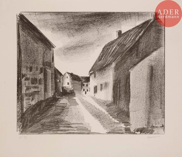 Maurice de VLAMINCK
 Rue à Hérouville. 1921. Lithographie. 383 x 466. Walterskirchen 162 b. Très belle épreuve sur chine volant, numérotée et signée au crayon. Infimes accidents aux bords du feuillet, inhérents à la texture du papier. Toutes marges. Tirage à 100 épreuves.