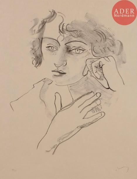 André DERAIN 
 Tête de femme aux yeux clairs de face avec les deux mains. (Pl. de la suite Métamorphoses). 1927. Lithographie. 365 x 290. Adhémar 71-6. Très belle épreuve sur simili-japon fort, l’indentation de la pierre très visible, numérotée et signée au crayon. Quelques fins plis cassés aux bords du feuillet. Toutes marges. Tirage à 25 épreuves dont 10 sur japon. Tirage définitif à 100 épreuves.