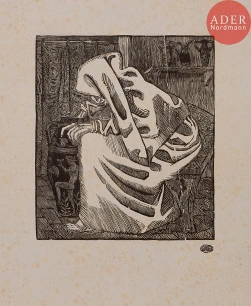 Aristide MAILLOL 
 La Vieille à la jarre. 1892. Gravure sur bois. 176 x 155. Guérin 1. Belle épreuve sur chine volant, du tirage à une dizaine d’épreuves effectué sur le bois fendu par Beltrand pour H. M. Petiet. Semis de rousseurs claires. Toutes marges.