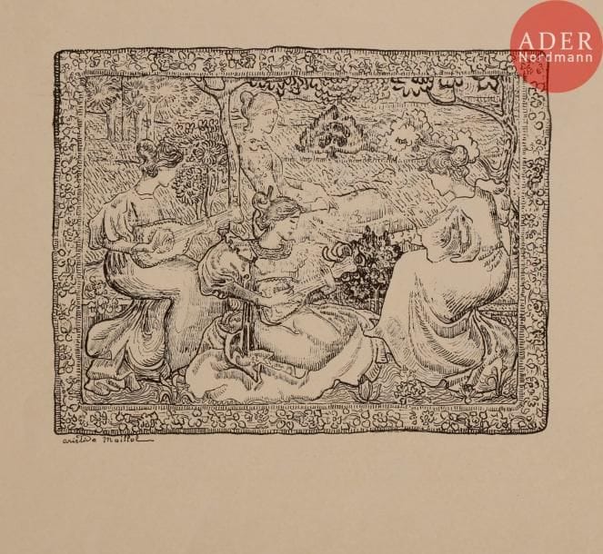 Aristide MAILLOL 
 Concert champêtre ; Femme nue assise sous un arbre. 1895. Zincographie. 157 x 200 et 205 x 195. Guérin 261 et 264 ; A. et A. Bonafous-Murat, Maurice Dumont et L’Épreuve, 249 et 262. Très belles épreuves sur vélin glacé crème, du tirage à 225 épreuves pour L’Épreuve, album d’art, la 1re avec numéro au composteur au verso, à toutes marges, la 2e avec marges légèrement réduites. Ens. 2 p.