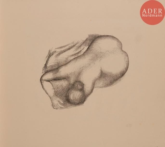 Aristide MAILLOL 
 Femme nue penchée en avant. Autographie. 190 x 220. Guérin 286. Très belle et fraîche épreuve sur japon, signée du monogramme au crayon. Quelques rousseurs claires éparses. Toutes marges. Tirage à 100 épreuves. Timbre sec : H. Petiet éditeur Paris (Lugt 2021a).