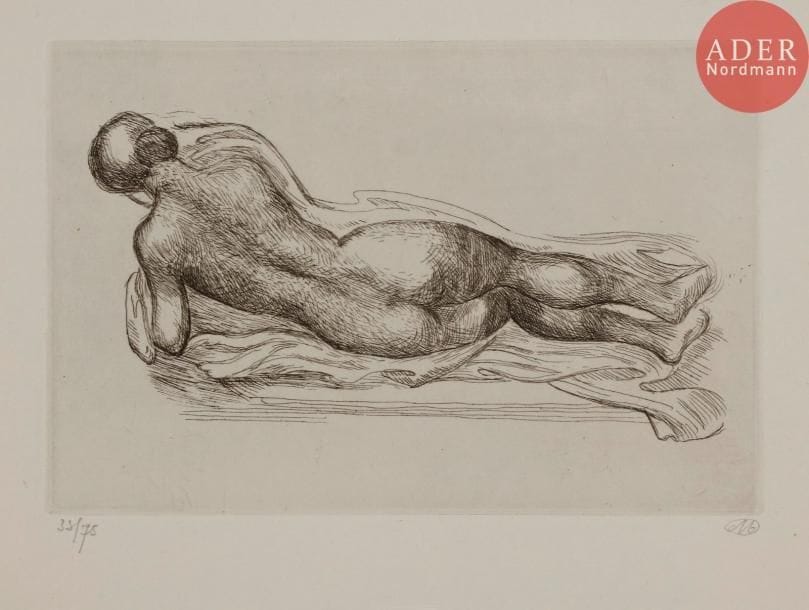 Aristide MAILLOL 
 Femme étendue à la draperie (petite pl.) ; Femme étendue à la draperie (grande pl.) ; Bacchante. 1926. Eau-forte. Formats divers. Guérin 323 à 325. Très belles épreuves sur vergé ancien azuré provenant d’un ancien registre (avec annotions à la plume et à l’encre sépia dans les marges), numérotées et signées du monogramme au crayon. Légère oxydation aux bords des feuillets. Toutes marges. Ens. 3 p.