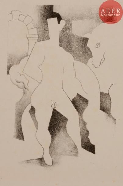 Roger de La FRESNAYE
 Le Palefrenier. 1921. Lithographie. 262 x 175. I.F.F. 5. Très belle et fraîche épreuve sur vélin glacé. Infimes rousseurs et légères traces de plis aux bords du feuillet. Toutes marges. Rare. Tirage à 25 épreuves.