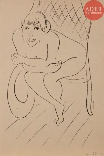 Henri MATISSE
Nu au rocking chair. 1913. Lithographie. 481 x 280. Duthuit-Garnaud 410. Très belle et fraîche épreuve sur simili-japon, signée et numérotée à la plume et à l’encre. Infimes plis cassés verticaux le long du bord inférieur gauche du feuillet. Toutes marges. Tirage à 50 épreuves.
