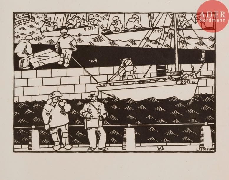 Jean-Emile LABOUREUR
Jean-Émile LABOUREUR
La Rentrée au port. (Pl. 3 des Quatre images bretonnes). 1913. Bois gravé. 248 x 360. Laboureur 698. Très belle épreuve sur japon, non signée comme à l’ordinaire. Quelques rousseurs claires. Fine bande d’empoussiérage aux bords du feuillet en tête et en pied et auréole claire d’humidité dans l’angle supérieur gauche. Plis cassé dans l’angle supérieur droit. Toutes marges. Tirage total à 145 épreuves.