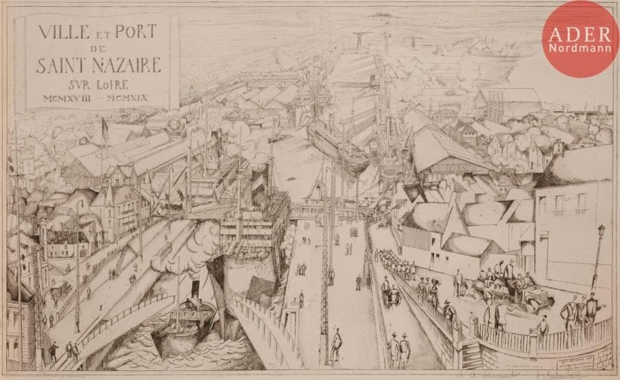 Jean-Emile LABOUREUR
Jean-Émile LABOUREUR
Vue panoramique du port de Saint-Nazaire. 1919-1920. Eau-forte. 348 x 540. Laboureur 188. Réunion de 3 belles épreuves, la 1re sur japon du 2e état (sur 5), avant la lettre dans le cartouche, signée au crayon et annotée « epreuve du 1er Etat », la 2e sur vélin, du 3e état avant biffure de la lettre dans le cartouche, dédicacée « à A. Vernant » et signée au crayon, la 3e de l’état définitif sur vélin, avec le paysage en place du cartouche, ces deux dernières rognées sur le coup de planche. Rousseurs claires et quelques plis de manipulation. Pli vertical médian à la 2e.