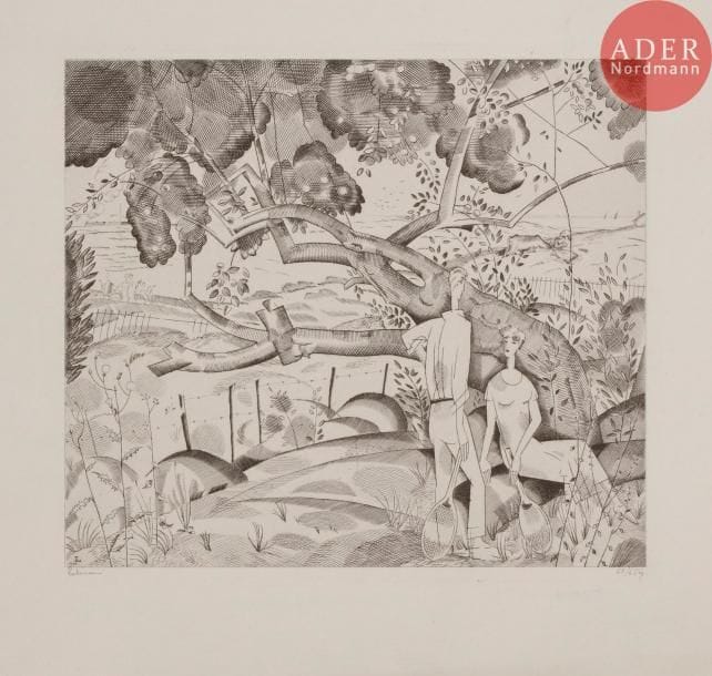 Jean-Emile LABOUREUR
Jean-Émile LABOUREUR
Le Vieux poirier. 1925. Burin. 255 x 277. Laboureur 293. Très belle et fraîche épreuve sur vergé ancien crème, signée et numérotée au crayon. Toutes marges. Tirage à 65 épreuves.