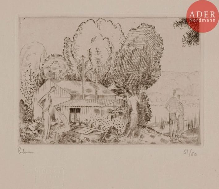 Jean-Emile LABOUREUR
Jean-Émile LABOUREUR
L’Auberge du bord de l’eau (petite pl.). 1925. Burin. 86 x 120. Laboureur 310. Très belle épreuve sur vélin, signée et numérotée au crayon. Fine bande claire d’oxydation en tête. Toutes marges. Tirage à 60 épreuves. Timbre sec : H. Petiet éditeur (Lugt 2021a).
