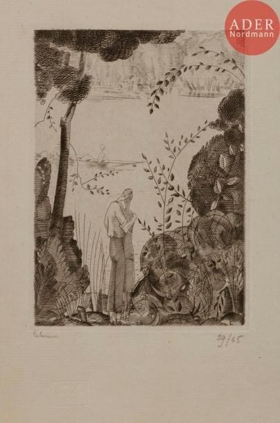 Jean-Emile LABOUREUR
Jean-Émile LABOUREUR
Les Amoureux du bord de l’eau. 1925. Burin. 115 x 110. Laboureur 311. Très belle épreuve sur vergé azuré, signée et numérotée au crayon. Toutes marges. Tirage à 65 épreuves. Timbre sec : H. Petiet éditeur (Lugt 2021a).