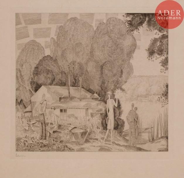 Jean-Emile LABOUREUR
Jean-Émile LABOUREUR
L’Auberge du bord de l’eau (grande pl.). 1925. Burin. 240 x 260. Laboureur 317. Très belle épreuve sur japon, signée au crayon et annotée dans l’angle inférieur gauche « épreuve d’artiste ». Infimes plis de tirage marginaux. Toutes marges non ébarbées.
