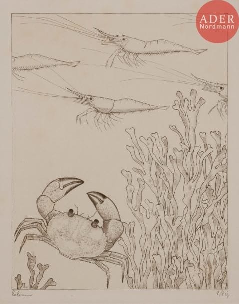 Jean-Emile LABOUREUR
Jean-Émile LABOUREUR
Marine I : les trois poissons ; Marine II : les trois merlans ; Marine III : le bernard-l’ermite ; Marine IV : les crevettes. 1934. Eau-forte et roulette. 195 x 155. Laboureur 498 à 501. Parfaites épreuves sur vélin mince, chaque sujet en 1er et 2e états (sur 3), avant le trait carré, signées et numérotées au crayon, une annotée « bon / jel ». Toutes marges. Tirage à respectivement 4 et 8 épreuves de chaque état. Ens. 8 p.