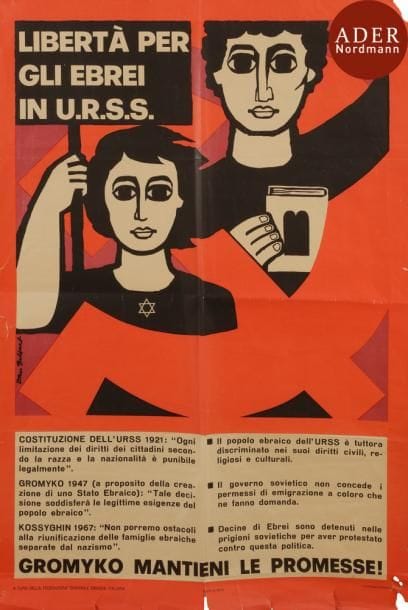 [AFFICHE EN FAVEUR DES JUIFS D’URSS]
Libertà per gli ebrei in U.R.S.S.
Affiche en italien.
Litotipografia Romana, Italie, 1970
Illustrateur : Dan Gelbart
Plis, petits manques et déchirures en marges.
100 x 68 cm

Mots clés : judaica, jewish, hebreu, hebrew, rabbin, synagogue, juif, juive, israélite, hebraica, judaism, torah, juden, sionism