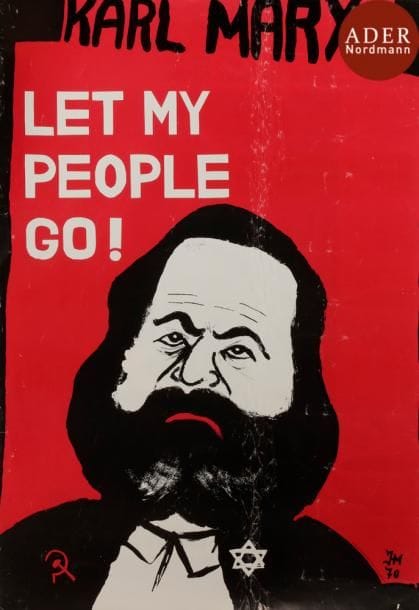 [AFFICHE EN FAVEUR DES JUIFS D’URSS]
Karl Marx : Let my people go !
S.l, 1970
Monogramme de l’illustrateur : JHM
Affiche pliée, coloris délavés.
70 x 48,5 cm

Mots clés : judaica, jewish, hebreu, hebrew, rabbin, synagogue, juif, juive, israélite, hebraica, judaism, torah, juden, sionism