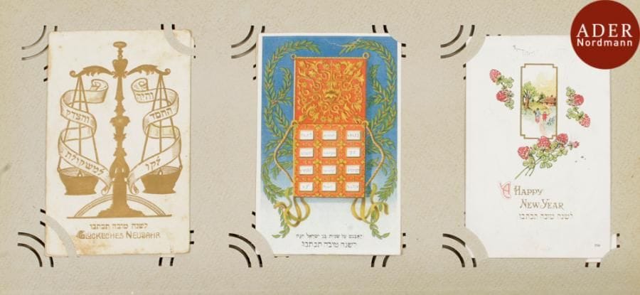 [CARTES POSTALES]
Album de cartes postales de nouvel an (shanah-tovah)
Bel ensemble de 240 cartes postales de vœux de nouvel-an contenues dans un album de 40 p.
Cartes pour la plupart allemandes ou américaines, circa 1910-1920.

Mots clés : judaica, jewish, hebreu, hebrew, rabbin, synagogue, juif, juive, israélite, hebraica, judaism, torah, juden, sionism