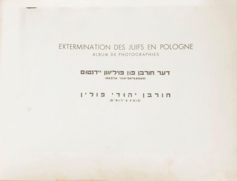 [GUERRE DE 1939-1945]
Extermination des juifs en Pologne
Album de photographies. Der hourban fun Polischen yidn (yiddish). Hourban Yehoudei Polin (hébr.) (suivent les titres en polonais, russe et anglais). 104 planches photographiques, la plupart à plusieurs sujets, avec à la fin un appendice consacré à Dachau, s.l.n.d. (préface du Dr Philippe Friedmann, directeur du Comité Central historique juif de Pologne datée de Lodz, décembre 1945),
un vol. petit in 4 oblong, rel. d’origine pleine basane violine, dos à quatre nerfs muet. Bon exemplaire.

Mots clés : judaica, jewish, hebreu, hebrew, rabbin, synagogue, juif, juive, israélite, hebraica, judaism, torah, juden, sionism
