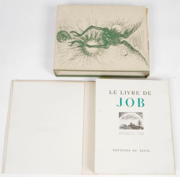 [Edouard Joseph GOERG (1893-1969)]
Le livre de Job (en français). Traduction du p. Dhorme. Eaux fortes de E. Goerg. S.l. (Paris), Seuil, s.d. (1946),
In-8 en feuilles sous chemise et étui. Bel ex. numéroté sur Arches, enrichi d’un bel envoi de l’artiste.

Mots clés : judaica, jewish, hebreu, hebrew, rabbin, synagogue, juif, juive, israélite, hebraica, judaism, torah, juden, sionism