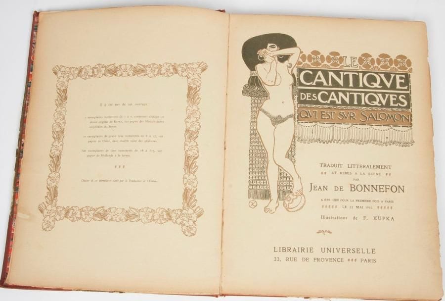[Frantisek KUPKA (1871-1957)]
Jean de Bonnefon. Le Cantique des Cantiques qui est sur Salomon. Paris, Librairie Universelle, 1905.
In-folio, 82 pp., Reliure demi-cuir à coin, dos orné de fleurons, ouvrage illustré de planches hors textes gravées sur bois par F. Kupka. Guirlandes florales polychromes. Lettrines. Couverture non conservée, accidents à la reliure.

Mots clés : judaica, jewish, hebreu, hebrew, rabbin, synagogue, juif, juive, israélite, hebraica, judaism, torah, juden, sionism