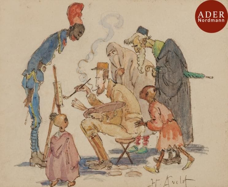 Henri Lois AVELOT (1873-1935)
Le peintre
Aquarelle sur papier
10,5 x 13,5 cm
Henri Avelot peintre, dessinateur et humoriste français expose aux Salons de la Société nationale des beaux-arts, au Salon des artistes français et au Salon des humoristes. Il est l’inventeur du calembour graphique.
Il illustre ici une scène pittoresque dans laquelle un peintre, à son chevalet, est entouré d’un groupe d’autochtones curieux parmi lesquels figure un juif.

Mots clés : judaica, jewish, hebreu, hebrew, rabbin, synagogue, juif, juive, israélite, hebraica, judaism, torah, juden, sionism