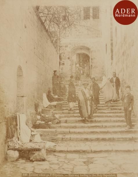 [PHOTOGRAPHIE]
Félix BONFILS (1831-1885)
Terre Sainte, c. 1870. Jérusalem, mur des lamentations. Tombeau d’Absalon. Place des mosquées. Saint Sépulcre. Porte de Damas. Jaffa. Bethléem. Naplouse. Ramleh. Tyr. Sidon. 8 tirages albuminés dont 2 contrecollés sur cartons, légendés et signés dans le négatif pour la plupart dans l’image en bas. 21,5 x 28 cm (6), 17 x 23 cm (2).

Mots clés : judaica, jewish, hebreu, hebrew, rabbin, synagogue, juif, juive, israélite, hebraica, judaism, torah, juden, sionism