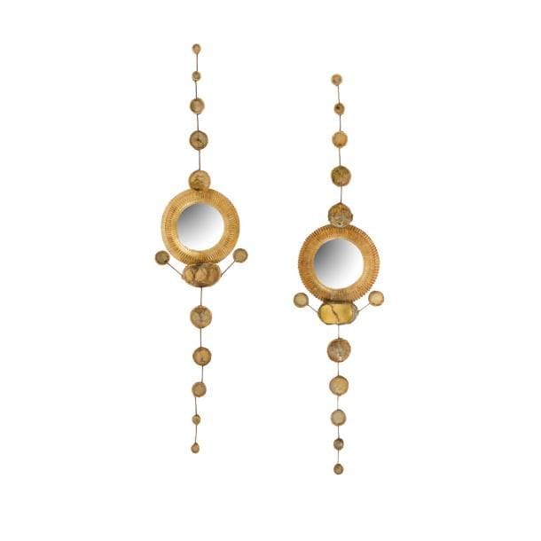 Line VAUTRIN (1913-1997)

Sans titre, les deux seuls exemplaires connus à ce jour
Deux exceptionnels miroirs, dits de sorcière, formant pendants. 
Les encadrements réalisés en talosel ambre-miel.
Chaque centre circulaire accueille des décors verticaux de pastilles rondes et ovales, également en talosel, montées sur des tiges métalliques et recevant des parties en miroir, modelées et incrustées, au tain doré.
Miroirs et toiles des dos d’origine.
Milieu des années 1950.
Restaurations.
Chaque miroir signé Line VAUTRIN et marqué ROI dans un cartouche ovale au dos.
Hauteur : 44 cm & 46 cm

Provenance :
Collection de M. et Mme B., Dannemois (Essonne – France). Œuvres acquises à l’époque.

