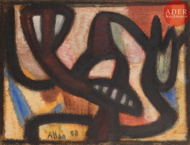 Jean-Michel ATLAN (1913-1960)
Symphonie nocturne, 1958
Huile sur toile.
Signée et datée en bas vers la gauche.
Titrée au dos.
46 x 61 cm

Provenance :
Ancienne collection de M. S., Paris.