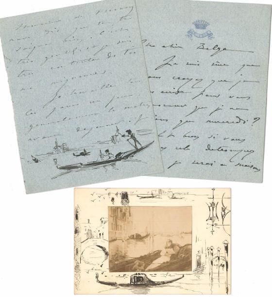 Louise ABBÉMA (1858-1927) femme peintre, amie de Sarah Bernhardt. L.A.S., et L.A. (incomplète) avec dessins, s.d., à « ma chère Belge » Mme du Fresnay ; 6 pages et demie in-8 sur papier bleu à sa devise couronnée Je veux, enveloppe avec dessin à la plume (tête de chien tenant le courrier dans sa gueule).
   Lettre illustrée de Venise. Son mari l’informe qu’elle se soigne bien : « je suis très contente de toi ma mignonne. Je travaille tous les jours un peu, généralement le matin avant déjeuner. Je m’installe dans ma gondole dont j’ai fait un atelier ambulant. Je laisse tous mes outils à bord sous la garde du fidèle Antonio qui en sa qualité de Vénitien a le plus profond respect pour les choses de peintres »… En bas de page, dessin à la plume la représentant peignant dans sa gondole ; sur une autre feuille, tête caricaturée : elle a joint une petite reproduction d’un portrait de femme en gondole, contrecollée sur un support qu’elle a décoré de dessins à la plume de vues de Venise et de gondoles. – La lettre complète date du retour à Paris : « Votre peintre, ma belle sultane, s’est ennuyé après son modèle aujourd’hui, et il veut vous le dire ce soir pour vous prouver qu’il pense à vous et que la folle vie d’artiste (quoique vous ayez quelquefois l’air de le croire) n’est pas la seule chose qu’il aime au monde ». Elle a reçu « la visite de Garnier qui est satisfait du nouveau panonceau puis j’ai travaillé au susdit panneau »…
   On joint 4 L.A.S. de peintres : Marcel Baschet, Ferdinand Humbert, Henri Gervex, Jean-Jacques Henner.