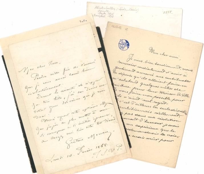 Arts et lettres. 15 L.A.S. ou P.A.S.
   Lucie Delarue-Mardrus (5, dont une à Rachilde), Anne-Louis Girodet-Trioson (au baron Gérard, plus une de son père adoptif, le Dr Trioson), Joseph-Charles Mardrus (à Félix Fénéon), Jean Metzinger (belle lettre à propos d’Apollinaire), Gustave Moreau, Adolphe Willette (3, dont 2 à Louis Vauxcelles, et une à Charles Morice), François Winterhalter (2, dont un reçu pour 3000 francs de la marquise de La Tour Maubourg).