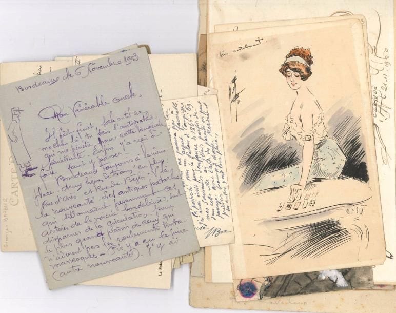 Beaux-arts. 21 L.A.S. ou cartes, la plupart au dos de cartes postales illustrées, de peintres, dessinateurs, illustrateurs ou sculpteurs.
   Albertilus (Bordeaux 1903, lettre illustrée de 6 dessins), Ferdinand Bac (3), George Barbier (2), Victor Charreton (4), André Dignimont (5, dont une avec croquis d’un taureau), André Dunoyer de Segonzac, Henri Lebasque, A. Merle, El. Paumier-Bilhaut, Maxime Real del Sarte, Paul Signac.
   On joint un dossier de lettres et pièces adressées à l’architecte Eugène Hénard, ou le concernant ; et 10 dessins, certains signés (Ph. Claude, Misti, J.D. Van Caulaert, etc.) ; plus une carte de visite d’Henri Monnier.