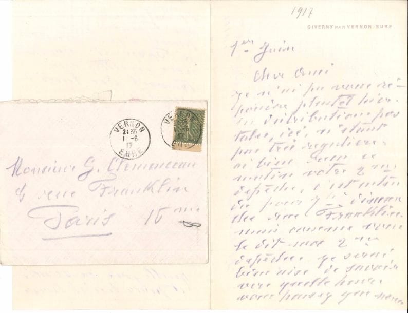 Claude MONET (1840-1926). L.A.S., Giverny 1er juin [1917] à Georges Clemenceau ; 2 pages et quart in-8 au crayon violet à l’adresse Giverny par Vernon, enveloppe.
   Voyage avec Clemenceau pour voir la cathédrale de Reims bombardée. Il n’a pu lui répondre plus tôt, « les distributions postales, ici, n’étant pas très régulières. Ai bien reçu ce matin votre 2me dépêche, c’est entendu pour 7 h dimanche rue Franklin. […] Je serai bien aise de savoir vers quelle heure vous pensez que nous [serons] de retour à Paris ne tenant pas à passer deux nuits à Paris, et voulant me mettre au travail dès lundi matin. Serait-il possible que je puisse embrasser mon fils qui se trouve à peu de distance de Reims entre Fismes et Craonne, exactement à Ventelay, convoi automobile, section sanitaire 46. […] Quelle joie ce serait et pour lui et pour moi »…