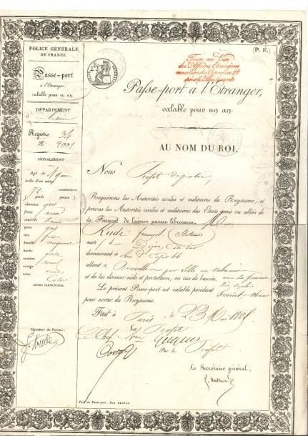 François RUDE (1784-1855) sculpteur. P.S., 23 mai 1835 ; 1 page et demie in-fol. en partie impr. sur papier filigrané à l’effigie de Louis-Philippe Roi des Français (timbres secs, marge gauche effrangée).
   Passeport à l’étranger d’une durée d’un an délivré au statuaire pour Bruxelles, « par Lille ou Valenciennes avec sa femme née Sophie Fremiet, 36 ans », avec son signalement.