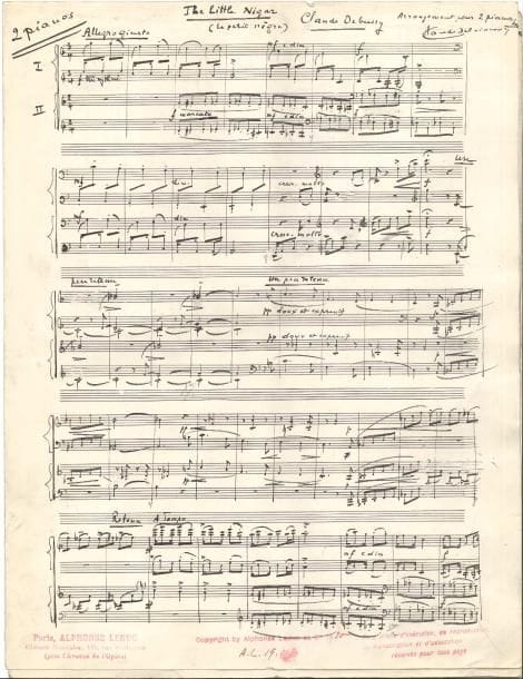 Claude DELVINCOURT. 2 manuscrits musicaux autographes signés, The little Nigar (Le petit nègre) de Claude Debussy ; 2 pages in-fol. chaque.
   Arrangements pour quatre mains et pour deux pianos de cette pièce pour piano de Claude Debussy, publiée en 1909 dans la Méthode élémentaire de piano de Théodore Lack ; à 2/4, elle est marquée Allegro giusto. 
   Les manuscrits, à l’encre noire, sur papier à 24 lignes, présentent des nombreuses corrections par grattage ; ils ont servi à la gravure de l’édition chez Alphonse Leduc en 1935. La version pour quatre mains présente une importante collette qui couvre plus de la moitié de la première page, refaisant les 24 premières mesures.