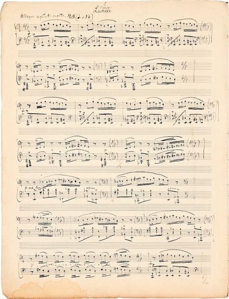 Tibor HARSANYI (1898-1954). Manuscrit musical autographe signé, La Semaine, 7 petites pièces pour le piano pour tous les jours de la semaine, 1924 ; titre et 14 pages in-fol.
   Recueil de sept pièces pour piano, « un des meilleurs cahiers de Harsanyi ; il y est déjà tout entier, reconnaissable et goûteux », écrit Guy Sacre dans son analyse que nous citerons (La Musique de piano, p. 1340-1341). Il est composé en 1924, l’année suivant l’installation du jeune compositeur hongrois à Paris.
   1. Pour Lundi, en ut majeur à 6/8, Allegro agitato molto, « danse bruyante et rythmée […] typiquement hongroise » ; 2. Pour Mardi, en sol majeur à 3/8, Allegretto grazioso ; 3. Pour Mercredi, à 3/4, Andante cantabile, « très douce rêverie » ; 4. Pour Jeudi, à 2/2, Tempo di Fox-trot ; 5. Pour Vendredi, en la mineur à 2/4, Allegretto sostenuto, nostalgique ; 6. Pour Samedi, en la majeur à 4/4, Allegro, « tout animé de triolets vivaces et chahuteurs » ; 7. Pour Dimanche, à 9/8, Sostenuto, « un chant de l’aube […] où les notes de la mélodie percent lentement la brume des tierces ».
   Le manuscrit, daté en fin « Paris Juin 1924 », soigneusement noté à l’encre noire sur papier à 20 lignes, porte en tête la dédicace « à Denyse Molié », et les cachets de la SACEM en date du 12 novembre 1925 ; il a servi à la gravure de l’édition chez Heugel en 1927.