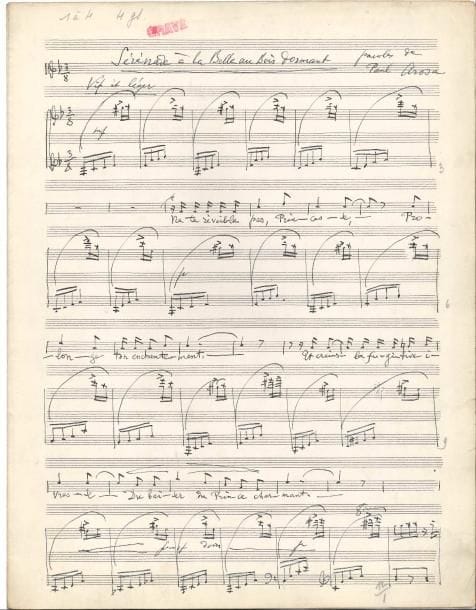 Georges HÜE (1858-1948). 5 manuscrits musicaux autographes signés, [1931]-1937 ; 4, 7, 4, 4 et 6 pages in-fol.
   Cinq mélodies pour voix et piano sur des poèmes de Paul Arosa (1874-1957). – Chanson : « Si vous voulez, de l’aube au soir, contempler »…, Andantino à 6/8 en mi bémol majeur (publ. Heugel, 1931). – La Polletaise, chanson dieppoise : « C’est de not’ Dieppe où que j’t’attends »…, Modéré à 9/8 en fa dièse mineur (Heugel, 1931). – Berceuse pour les Gueux : « Pour ici-bas vous croire heureux Dormez les gueux »…, Très modéré à 6/8 en sol mineur (Heugel, 1933). – Berceuse pour Maman : « Dors, ma maman »…, Modéré à 4/4 en mi, datée en fin « Mars 1936 » (Heugel, 1937). – Sérénade à la Belle au Bois Dormant : « Ne te réveille pas, Princesse »…, Vif et léger à 3/8 en fa, daté en fin « Janvier 1937 » (Heugel, 1937).
