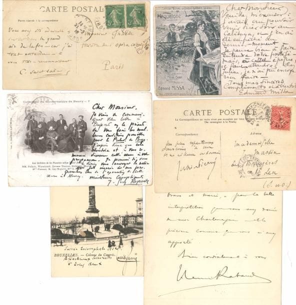 Musique. 2 L.A.S., 17 cartes postales a.s. et 1 carte de visite a.s., XXe siècle.
   Nadia Boulanger (à Guilmant), Gustave Charpentier (carte avec musique), Gabriel Fauré (2) et famille Fauré (7), Louis Ganne (2), Raoul Laparra, Jules Massenet, Edmond Missa, Gabriel Pierné, Henri Rabaud, Joseph-Guy Ropartz, Camille Saint-Saëns.