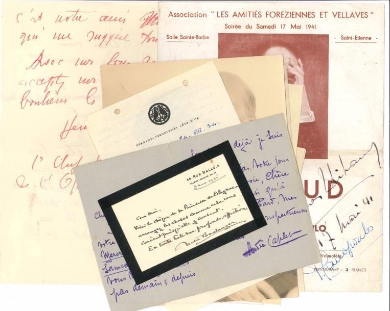 MUSIQUE ET SPECTACLE. 15 lettres ou pièces, la plupart L.A.S.
   Nadia Boulanger (1936, transmettant un chèque de la princesse de Polignac), André Caplet, Jacques Copeau (à Pierre Abraham, 1934, et photographie), Alfred Cortot (2, 1910 et carte avec musique), Raymond Duncan, Marcel Dupré (programme signé), Béatrix Dussane (à propos de la « la grande Yvette » Guilbert), Karl Munchinger (2 programmes dédicacés), Yves Nat (photo dédicacée), Gustave Samazeuilh (1929, parlant de Dukas et d’Indy), Jacques thibaud (programme cosigné par Tasso Janopoulo), Henri Tomasi.