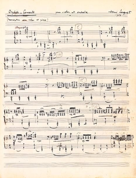 Henri SAUGUET (1901-1989). Manuscrit musical autographe signé, Concerto d’Orphée pour violon et orchestre. Réduction pour violon et piano par l’auteur, 1953 ; titre et 35 pages in-fol.
   Le Concerto d’Orphée, commande de la Südwestfunk de Baden-Baden, fut composé par Sauguet dans le premier semestre de 1953, et créé le 26 juillet 1953 au Festival d’Aix-en- Provence, par Adolf Bus au violon, avec l’Orchestre de la Südwestfunk de Baden-Baden dirigé par Hans Rosbaud ; la création parisienne eut lieu le 21 novembre 1961 au Théâtre des Champs-Élysées, par Devy Erlih, avec l’Orchestre Nationale dirigé par Manuel Rosenthal. D’une durée de 25 minutes, il fut publié par Heugel en 1954 et dédié « Au Docteur Heinrich Strobel et à Hans Rosbaud ».
   « Le Concerto pour violon et orchestre est dit “d’Orphée”. Une fois de plus, il fait remarquer la nécessité dans laquelle se trouve Sauguet de posséder, au départ de chaque œuvre nouvelle, une idée poétique qui en, donne le point de départ, qui n’a rien d’un argument et aide simplement le compositeur à se trouver en état de grâce. Le Concerto d’Orphée fut créé en 1953 au cours du Festival d’Aix-en-Provence. Aucune intention descriptive dans ces pages qui ne se réfèrent au mythe essentiel de la musique que pour y trouver leur élan. Le rôle du soliste peut, en effet, être rapproché de celui du héros légendaire, organisant peu à peu les sons. D’un chaos orchestral (chaos très élaboré, est-il besoin de le préciser ?) le violon se détache peu à peu et prend sa propre importance. C’est alors une mélodie offerte au soliste qui, tour à tour tendre, véhémente ou énergique, prend possession de l’ouvrage et le domine, accompagnée par l’ensemble orchestral, jusqu’à la grande cadence terminale. Les mouvements de ce Concerto sont enchaînés comme s’il s’agissait d’une vaste improvisation au cours de laquelle le violon se voit chargé de sa mission fondamentale, qui est de chanter » (France-Yvonne Bril).
   Le manuscrit est à l’encre noire