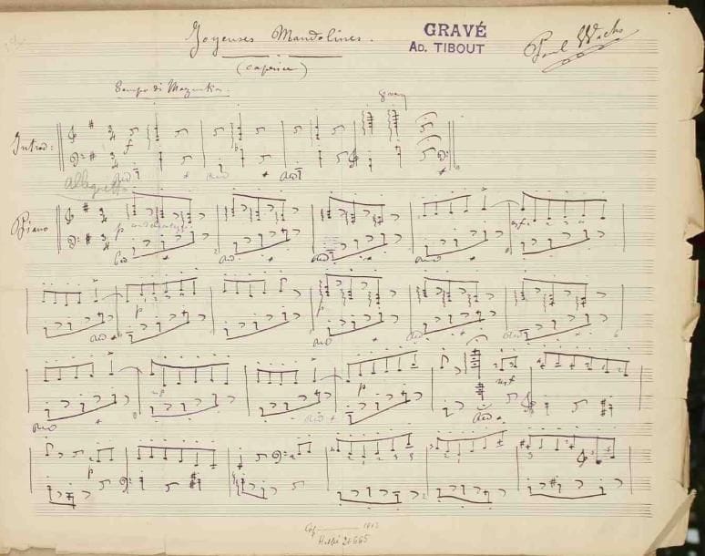 Paul WACHS (1851-1915). 15 manuscrits musicaux autographes signés pour piano, 1895-1904 ; 3 ou 4 pages oblong in-fol. chaque, la plupart à l’encre violette.
   Bel ensemble de pièces pour piano. Paul Wachs, élève de César Franck et de Victor Massé, a étudié le piano avec Antoine Marmontel ; il a été maître de chapelle et organiste de Saint-Merri (1874-1896) ; il a composé pour le piano des pièces de genre et de la musique de salon, charmantes et pittoresques ; il habitait Saint-Mandé, et la plupart des pièces portent son adresse : « 85, Grande-Rue » à Saint-Mandé. Bras d’sus, Bras d’sous ! (Promenade musicale), 1895 ; Conte joyeux !, 1896 ; Femmes et Fleurs (Valse de salon), 1896 ; Capriccio alla Diavolo, 1897 ; La Ronde des Pâtres (Paysannerie), 1897 ; La Fête des Vignerons (Scène champêtre), 1901 ; Hyménée (Valse de salon), 1902 ; Au Parloir du Couvent (Babillage), rebaptisé Babillage au couvent, 1902 ; Le Pas des Vierges, 1902 ; Joyeuses Mandolines (caprice), 1903 ; Les Baladins, « mazurka de salon », 1903 ; Écoutons Grand’Mère ! (Vieille Chanson), 1903 ; Plaisante Histoire (Morceau de genre), 1903 ; Les Midinettes (Valse vive), 1904 ; Le Rouet de Marguerite (Fileuse), 1904. Ces manuscrits ont servi pour la gravure, et ont été publiés chez Heugel.