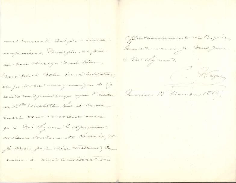 Cosima WAGNER (1837-1930). L.A.S., Venise 12 décembre 1882, [à Mme Marie Lynen] ; 2 pages et demie in-8, en français.
   Elle lui envoie « la photographie signée de mon mari » [Richard Wagner]... « Mon père [Franz Liszt] me prie de vous dire qu’il est bien sensible à votre bonne invitation, et qu’il ne manquera pas de s’y rendre au printemps après l’exécution de Ste Elisabeth »... [Un an plus tard, Wagner mourait, le 13 décembre 1883.]
   On joint un document concernant Wagner (P.S. par Dannecker, à l’en-tête Die Königl. Direction der Kunstschule, Stuttgart 30 juin 1837).